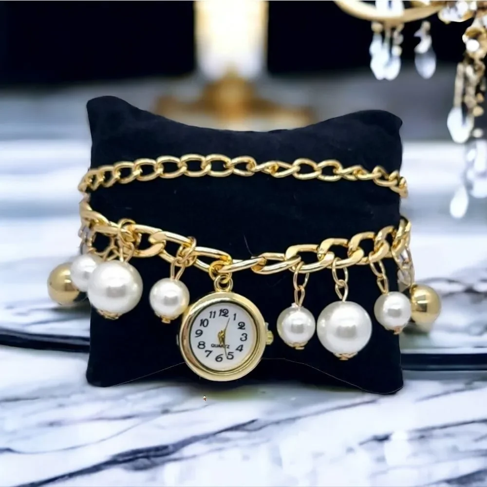 Gold Charm Bracelet Watch Faux Pearl Layered Chain Vintage Inspired Old Money